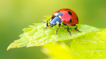 Naklejka premium Miniature Ladybug on Vibrant Green Autumn Leaf - Close-up Nature Photography