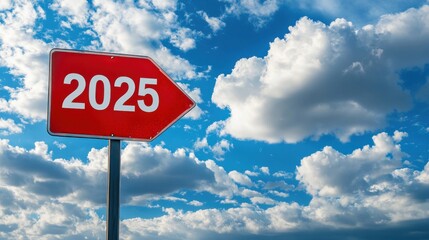 A red road sign with the numbers "2025" written on it, pointing in one direction against a blue sky with a cloudy background.