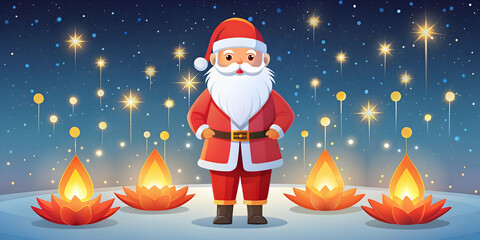 Flat Santa Beside a Krathong Under a Starry Sky - Serene Night Illustration with Copy Space for Festive Messages