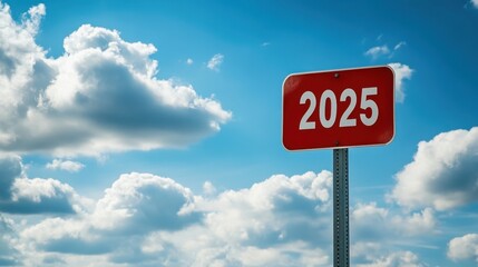 A red road sign with the numbers "2025" written on it, pointing in one direction against a blue sky with a cloudy background.