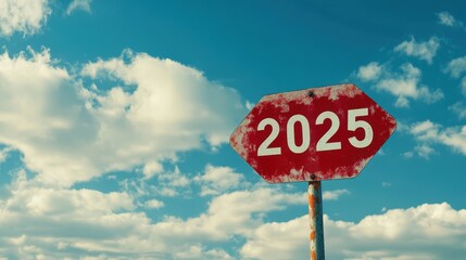 A red road sign with the numbers "2025" written on it, pointing in one direction against a blue sky with a cloudy background.