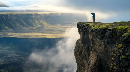 Fototapeta premium A photographer standing on a cliff capturing the vast landscape below
