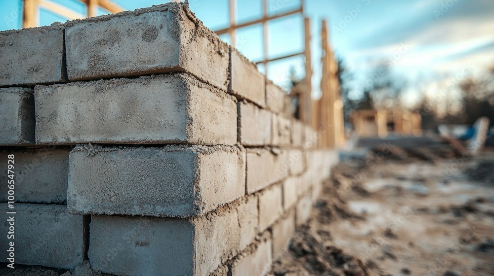 Wall mural stack of concrete foundation blocks with price tags attached. partially constructed foundation wall 