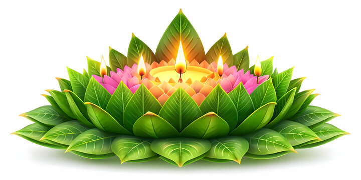 Loy Krathong Festival: Glowing Leaves Illustration Isolated on White Background, Capturing the Warmth and Festive Atmosphere of Thai Celebration