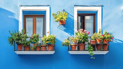 Fototapeta premium Charming Flower Pots on Blue Wall Windows