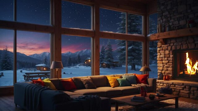 Idea of winter vacation, Propane Fireplace inside wooden cabin with window view to the snow fall, Idea of winter vacation, Stunning Winter Sunset View