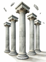 Floating Democratic Pillars Concept: Wide Shot of Classical Pillars Symbolizing Democracy with Engraved Principles, Isolated on White Background - Photo Stock