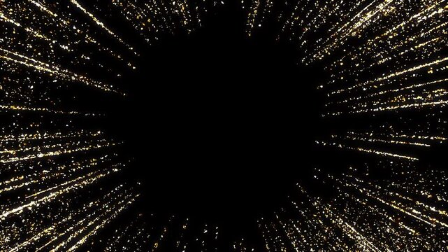4K Explosion of Golden Bokeh lights. Holiday motion background. Glowing particle abstract. 2160p 60fps. Exploding gold particles. 3d rendering. Isolated on black effect. 2025 Trend footage.