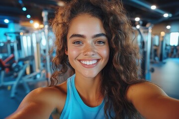 A woman with curly hair in a blue top smiles brightly while taking a selfie at the gym. Fitness equipment is visible in the background, indicating an active lifestyle.