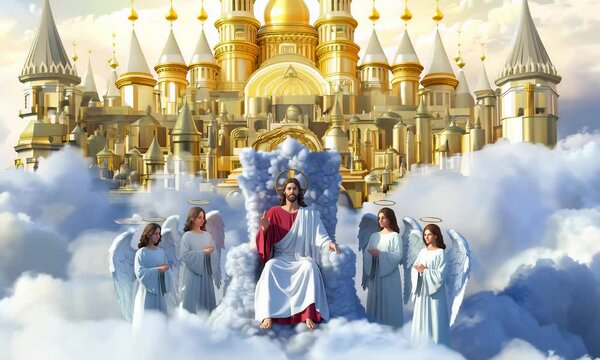 Jesus Christ sits on a throne of clouds in heaven, surrounded by angels and a golden city in the background.