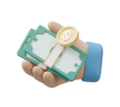 3D rendered illustration of income concept including investment and success with cartoon businessman hand gesture icon holding money, dollar coins and banknotes isolated on transparent background.