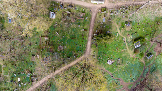 Aerial View of a Tranquil Cemetery with blue flowers