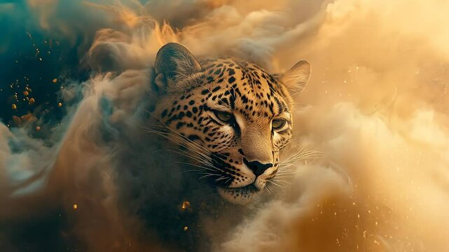 Majestic Leopard Emerging from Mystic Clouds in Slow Motion