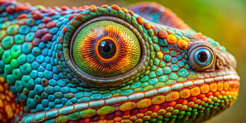 Fototapeta premium A close-up reveals the vivid colors and intricate patterns of an amphibian's skin, showcasing its large, mesmerizing eyes against a blurred, natural background