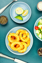 Delicious deep-fried calamari rings.