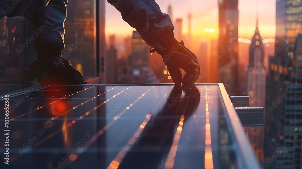 Poster engineer adjusting solar panel on rooftop with cityscape view