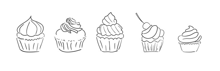 Hand-drawn Doodle illustrations of Cakes Cupcakes with Cream. Vector illustration on white. Design elements for food web, labels or print.