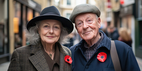 Senior British couple on a street of London wearing red remembrance poppy on Remembrance Sunday.