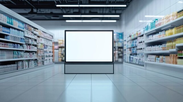 Clean advertising display board in a supermarket, set against a bright aisle backdrop, ideal for branding opportunities.