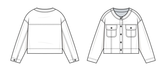 Crewneck Jacket technical fashion illustration. Crewneck Jacket vector template illustration. front and back view. Front pocket, drop shoulder. Womenswear, white color. CAD mockup.