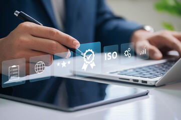 ISO certification and quality management digital, Business professional using digital tools to...