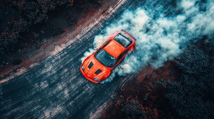 Aerial top view car drifting diffusion race drift car with lots of smoke from burning tires on speed track, Professional driver drifting car with lots of white smoke.