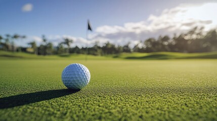 Close-up of a golf ball resting on the putting green, with the flag and hole in the background. Perfect for golfing enthusiasts.
