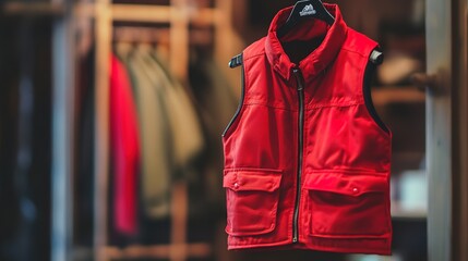 Obraz premium A small red vest displayed against a neutral background, showcasing its vibrant color and stylish design. This vest features a classic cut and is made from high-quality fabric, 