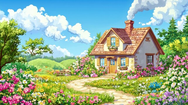 Charming cottage surrounded by vibrant floral gardens and rolling hills, set against a bright blue sky with fluffy white clouds.