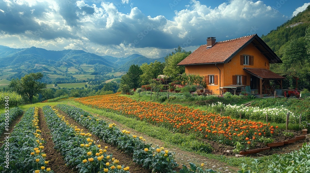 Wall mural Farmhouse in a Mountain Valley