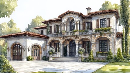 Fototapeta premium Elegant mansion with a classic architectural design and lush surroundings.