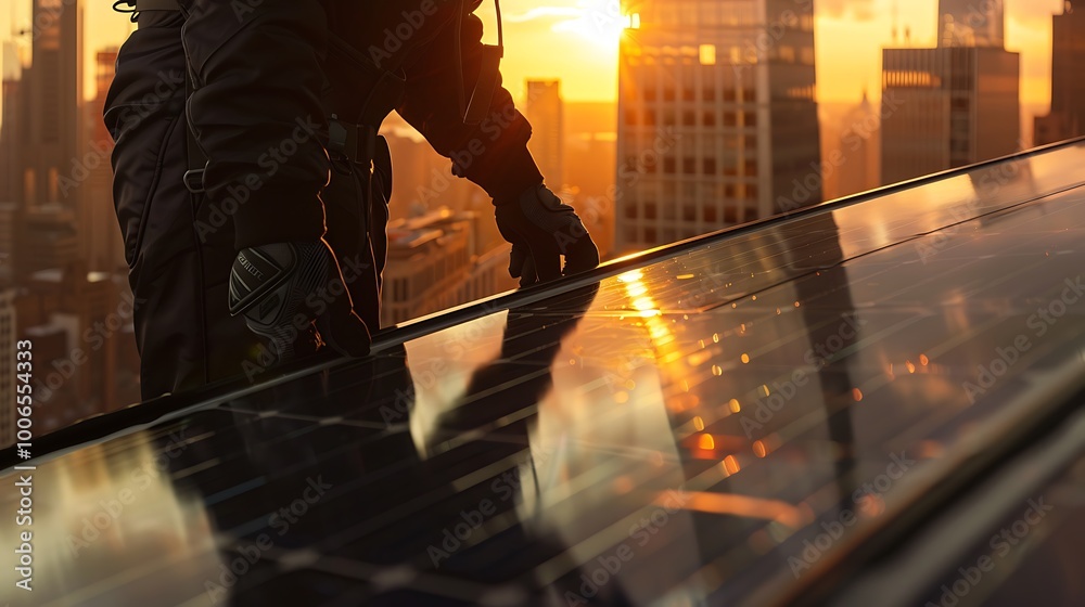 Poster engineer adjusting solar panel on rooftop with cityscape view