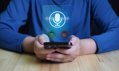 Mic icon and record wave. Deepfake scam. Virtual clone. Chat message. Translation or language...