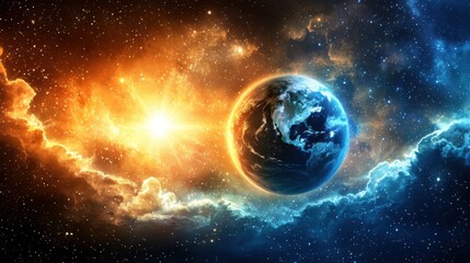 Cosmic spectacle: Earth illuminated against a vivid backdrop of swirling nebulae, starry expanse, and brilliant solar flare.