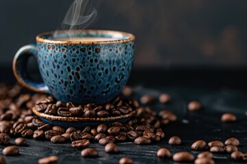 Steaming Black Coffee Cup with Roasted Beans on Rustic Wooden Table






