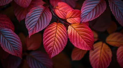 Fototapeta premium Vibrant autumn leaves display a stunning palette of deep reds, purples, and oranges against a dark background.