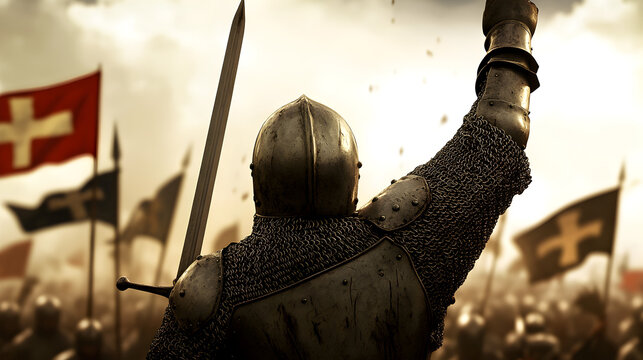 A formidable knight in full plate armor, raising his sword in a battle cry as he charges into a massive cavalry charge, banners waving in the wind around him. Knight charging into battle.


