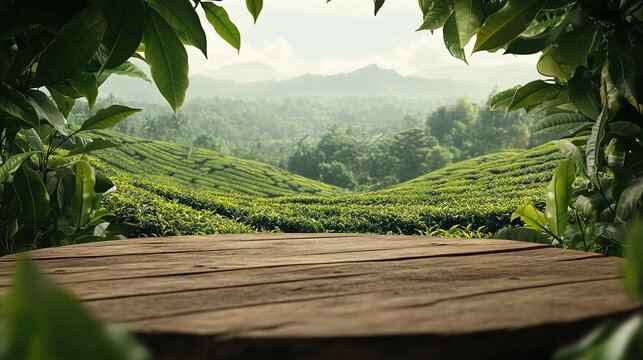 Serene View of Green Tea Fields with Natural Surroundings
