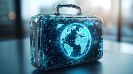 3D Briefcase with Holographic Globe & Megaphone Icons on White Background - Global Marketing & Business Communication Concept with Ample Copy Space