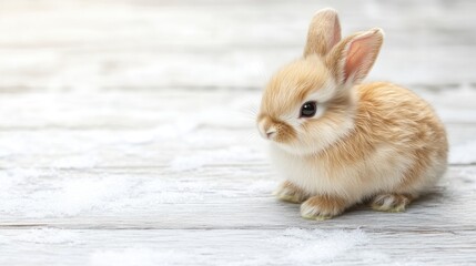 Obraz premium Cute toy rabbit on a white wooden surface, perfect for winter-themed backgrounds with copy space.