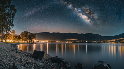 Milky Way arches over serene lake at night, distant town lights reflected in calm waters, rocky shore in foreground