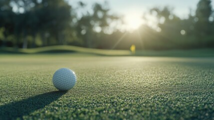 Detailed shot of a golf ball on the green, with the flagstick visible in the distance. Ideal for golf promotions.