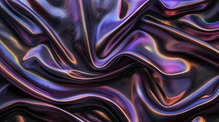 Obraz premium Holographic dark purple satin with wrinkles pattern closeup image. Iridescent glowing fabric for sewing close up photography. Innovative ideas of fashion industry concept photo realistic