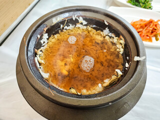 Korea food. hot pot scorched rice water