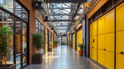 Obraz premium An expansive corridor in a modern industrial setting, adorned with yellow garage doors and potted plants, illuminated by natural light from clear windows.