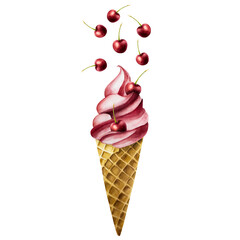 Cherry soft ice cream with flying berries in crispy waffle cone. Hand painting sweet watercolor illustration isolated on background. For designers, menu, shop, decoration, restaurant, for pos