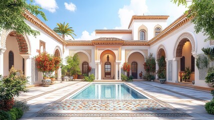 Elegant courtyard with a pool, surrounded by lush greenery.