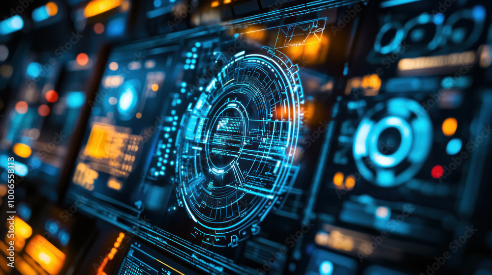 Poster futuristic graphical user interface with intricate designs and glowing elements, showcasing advanced