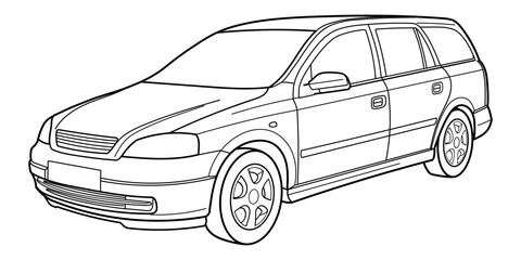 classic station wagon. Different five view shot - front, rear, side and 3d. Outline doodle vector illustration