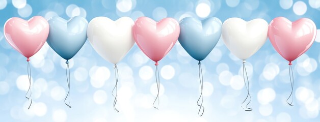 Floating heart-shaped balloons create a romantic atmosphere with a dreamy pastel color palette in the soft light of a serene sky